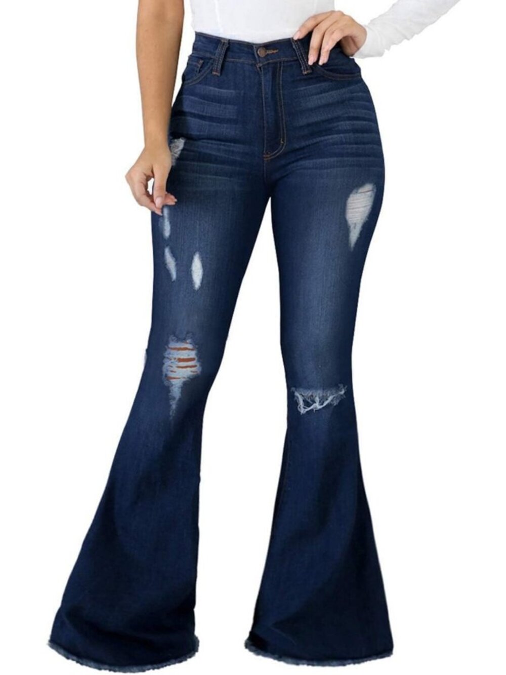 High Waist Ripped Flared Jeans with Raw Hem for Women - Trendy Casual Style